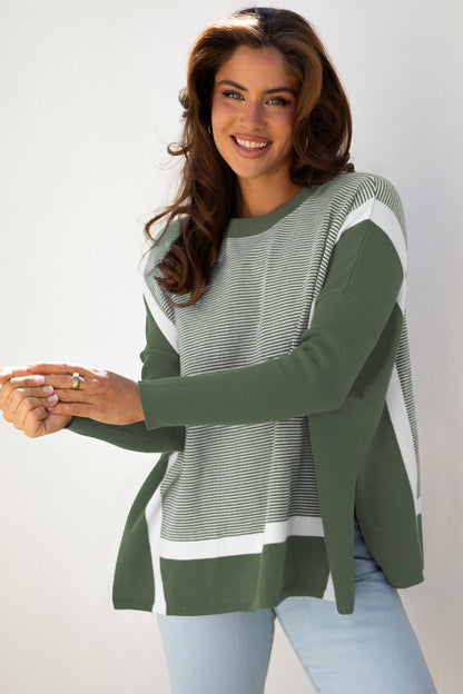 Green Stripe Color Block Patchwork Dolman Oversize Tunic Sweater