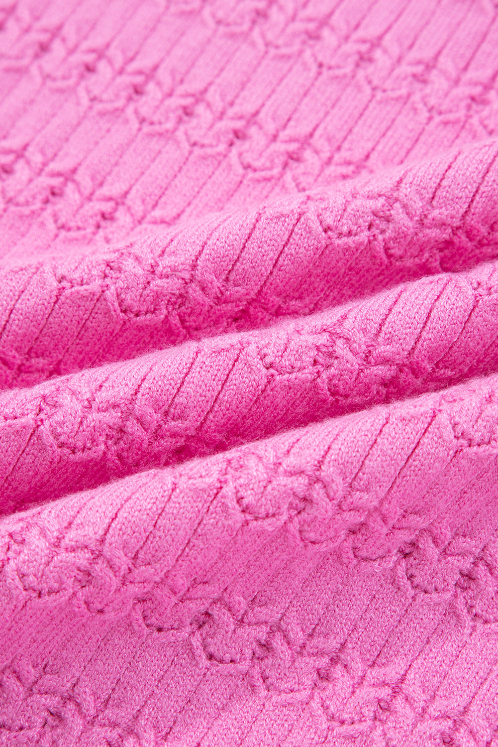 Bright Pink Trendy Pattern Knit Ribbed Cuffs Crew Neck Sweater