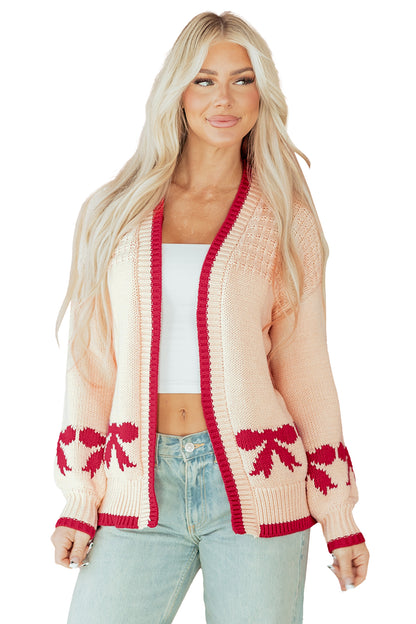 Apricot Bow Pattern Textured Open Front Baggy Cardigan