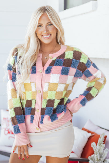 Multicolour Plush Checkered Pattern Button Front Cardigan Sweater