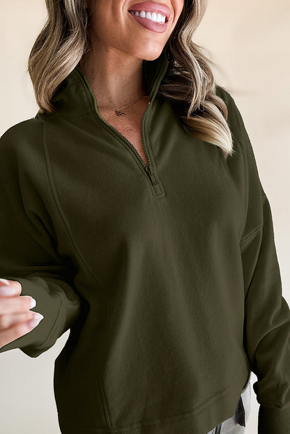 Black Zipped Neck Pullover Drop Shoulder Sweatshirt