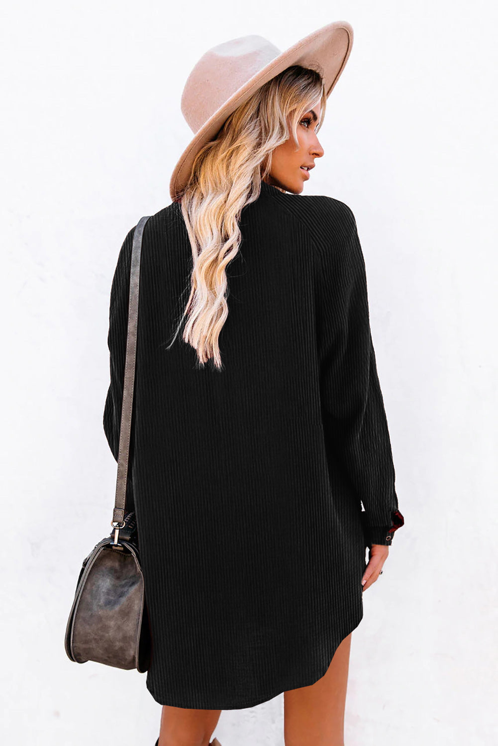 Black Corduroy Shirt Style Full Button Long Sleeve Shift Mini Dress