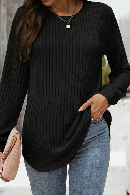 Jet Stream Ribbed Texture Round Neck Long Sleeve Rounded Hem Knit Top