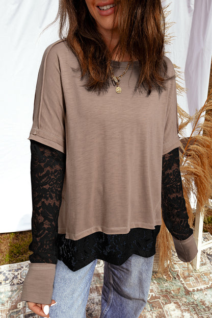 Dark Brown Sheer Lace Patchwork Casual Long Sleeve Tee