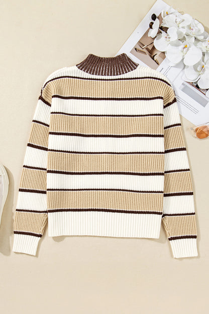 Khaki Stripe Half Zip Drop Shoulder Womens Sweater