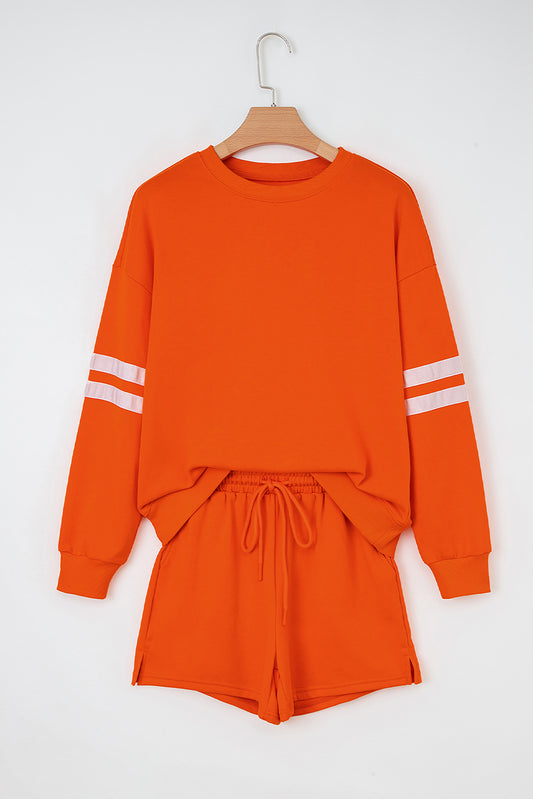Orange Varsity Striped Sleeve Drop Shoulder Sweatshirt and Short Set