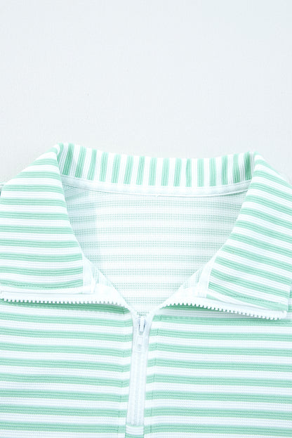 Green Stripe Quarter Zip Collar Pullover Long Sleeve Top