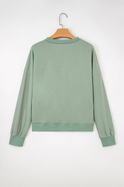 Smoke Green Raw Edge Flower Patch Drop Shoulder Casual Top