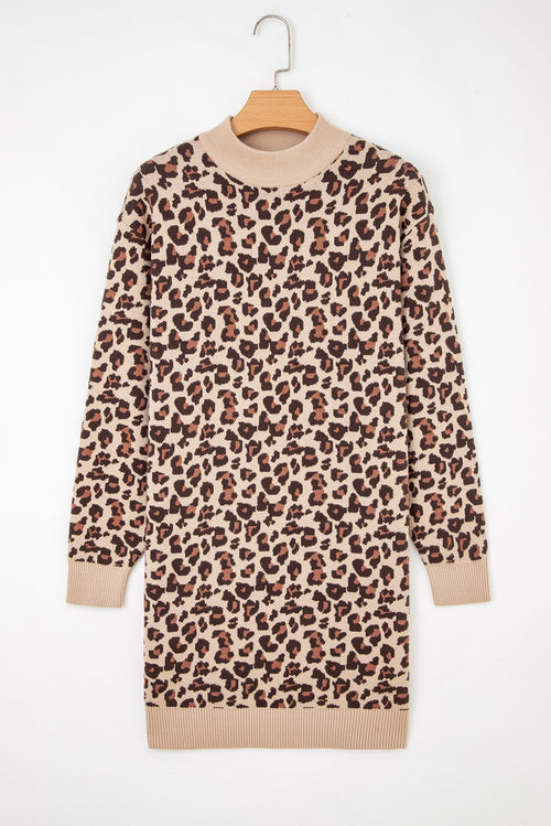 Khaki Leopard Print High Neck Shift Mini Sweater Dress