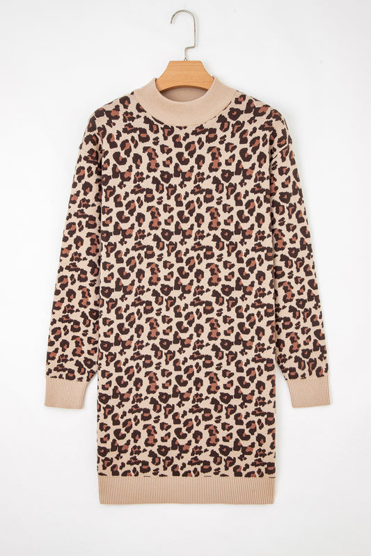 Khaki Leopard Print High Neck Shift Mini Sweater Dress