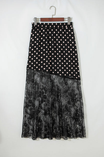 Black Asymmetric Polka Dot Print Sheer Lace Patchwork Maxi Skirt