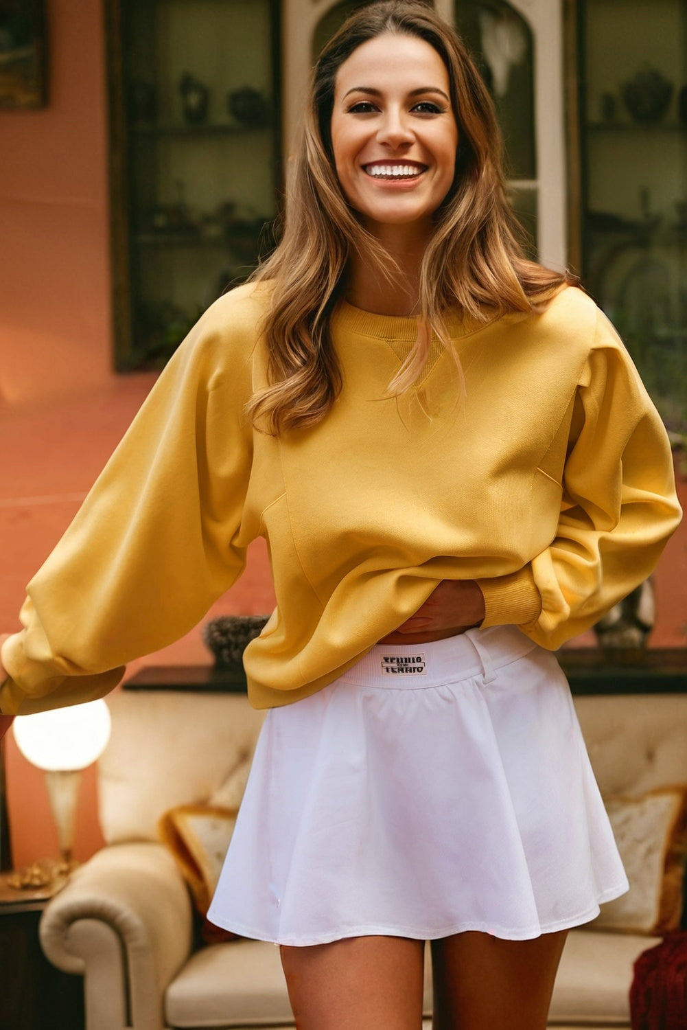 Citrus Pleated Balloon Sleeve Pullover Solid Sweatshirt