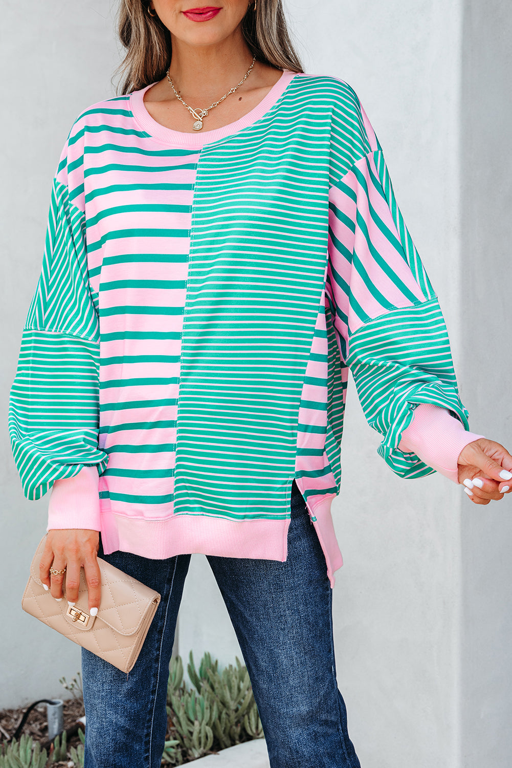 Green Stripe Mix Pattern Color Block Patchwork Side Slit Baggy Sweatshirt