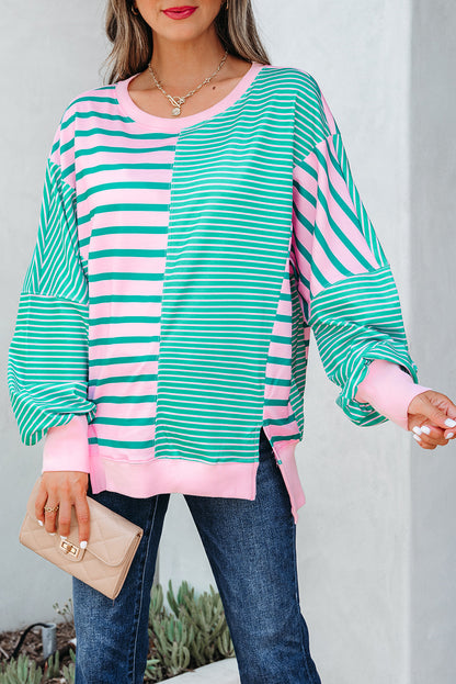 Green Stripe Mix Pattern Color Block Patchwork Side Slit Baggy Sweatshirt