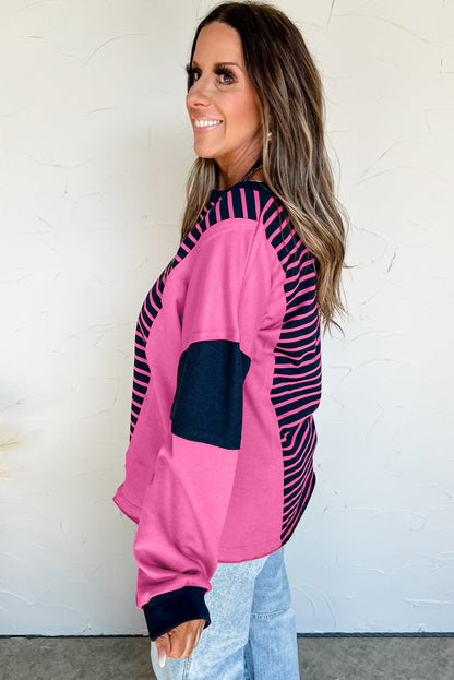 Pink Stripe Color Block V Neck Loose Fit Long Sleeve Top